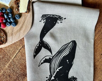 100% Linen Screen Printed Humpback Whale Tail Tea Towel, Eco Cloth Kitchen Towel, Hostess or Wedding Gift, Ocean Design