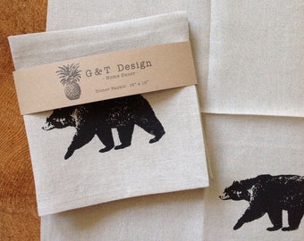 Black Bear Screen Printed 100%Linen Dinner Napkin, Set of Four , Hostess Gift, Wedding Gift