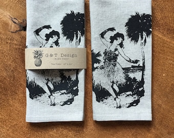 Vintage Hawaiian Hula Dancer Screen Printed onto 100% Natural Linen Tea Towel, Hostess Gift, Wedding Gift