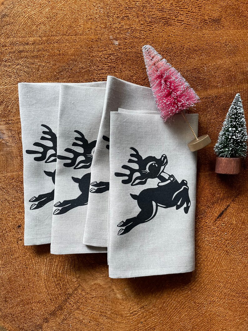 Vintage Reindeer Screen Printed 100% Linen Dinner Napkins, Set of 4, Holiday Decor, Christmas image 3