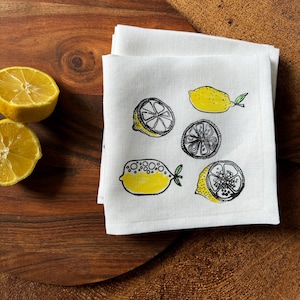 Love for Lemons Cocktail Napkins Screen Printed on 100% White Linen. Set of 4 Napkins, Summer Party Décor, Hostess Gift, Charcuterie Napkins