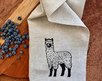 100%  Linen Tea Towel, Screen Printed, Llama, Farm Animal,Eco Friendly Kitchen Towel