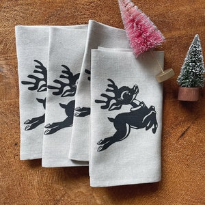 Vintage Reindeer Screen Printed 100% Linen Dinner Napkins, Set of 4, Holiday Decor, Christmas image 1