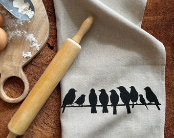 Black Bird Kitchen Towel, 100% Linen Screen Printed, Tea Towel, Crow Towel, Gift