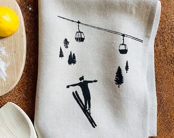 Ski Jumper 100% Linen Tea Towel: Screen Printed Winter Décor