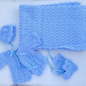 Handmade Blue Baby Blanket Sweater Set: Newborn Bonnet & Booties