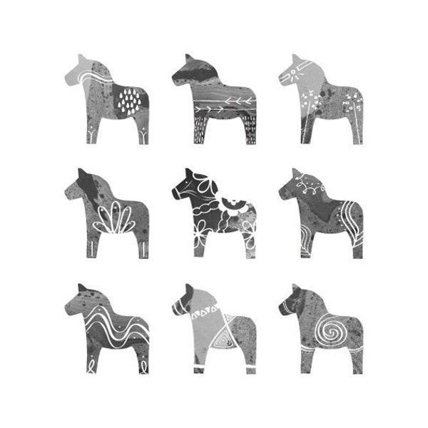 Swedish Dala Horse Print - 8.5 x 11 - Scandinavian Print - Monochromatic Gray Black and White