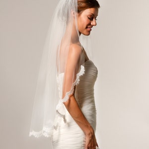Alencon Lace Veil, fingertip veil, lace bridal veil, ivory lace veil, scallop lace veil, bridal accessories. Style 246 image 1