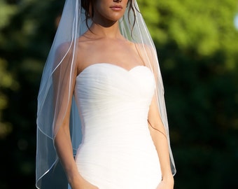 Fingertip veil with blusher, double tier fingertip veil or single tier veil, with 1/8" satin cord trim, bridal veil with blusher. Style #154