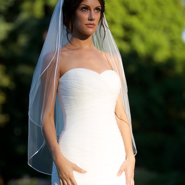 Fingertip veil with blusher, double tier fingertip veil or single tier veil, with 1/8" satin cord trim, bridal veil with blusher. Style #154