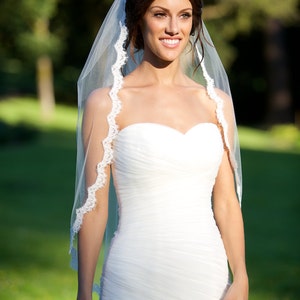 Alencon Lace Veil, fingertip veil, re-embroidered lace veil, lace bridal veil, ivory lace veil, scallop lace veil, bridal accessories image 1