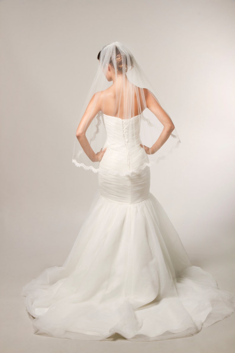 Alencon Lace Veil, fingertip veil, lace bridal veil, ivory lace veil, scallop lace veil, bridal accessories. Style 246 image 2