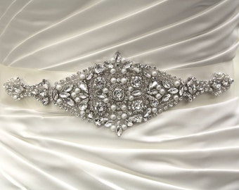 Rhinestone and crystal appliqué bridal belt, Beaded Rhinestone and Pearl Belt, bridal sash, rhinestone bridal sash, rhinestone belt