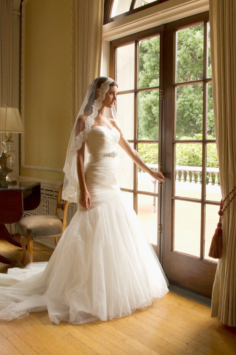 Mantilla Lace Veil Alencon Veil Fingertip Veil Lace Veil Ivory Veil