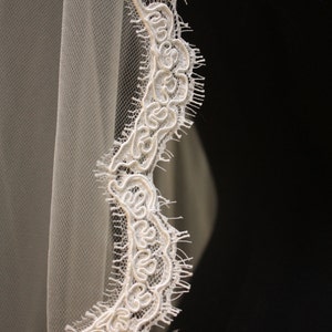 Alencon Lace Veil, fingertip veil, lace bridal veil, ivory lace veil, scallop lace veil, bridal accessories. Style 246 image 4