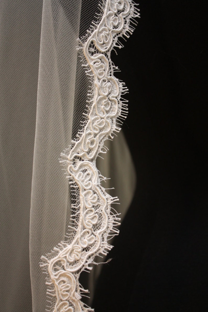 Alencon Lace Veil, fingertip veil, lace bridal veil, ivory lace veil, scallop lace veil, bridal accessories. Style 246 image 4