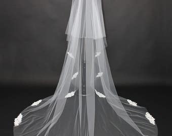 Appliqué Alencon Lace, Cathedral Veil, Chapel veil, double-tier veil with blusher, Oval cut, Drop veil. Lace up to hip.