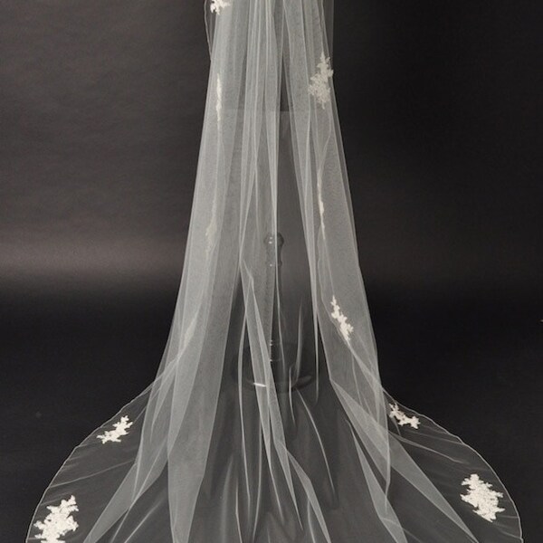 Beaded Lace Cathedral Veil, Pencil Edge finish, Patch lace veil, Ivory veil, Bridal Veil, bridal accessories.