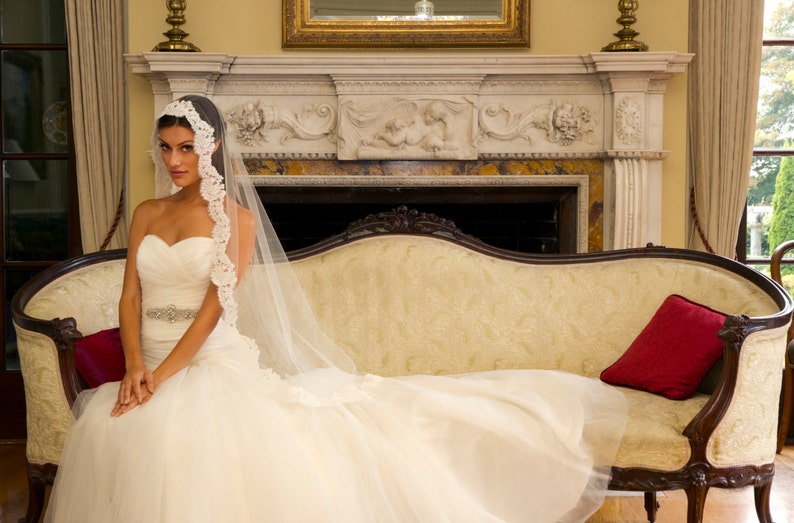 Mantilla Lace Veil Alencon Veil Fingertip Veil Lace Veil Ivory Veil