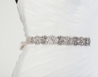 15" Rhinestone Bridal Sash, Rhinestone and crystal Wedding belt, rhinestones satin sash, Jewelled and beaded sash, Bridal Accessories