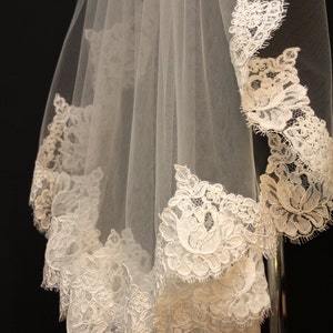 Alencon Lace Veil, fingertip veil, re-embroidered lace veil, lace bridal veil, ivory lace veil, Floral alencon lace veil, bridal accessories image 5