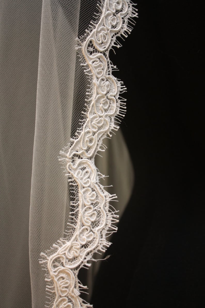 Alencon Lace Veil, fingertip veil, re-embroidered lace veil, lace bridal veil, ivory lace veil, scallop lace veil, bridal accessories image 4