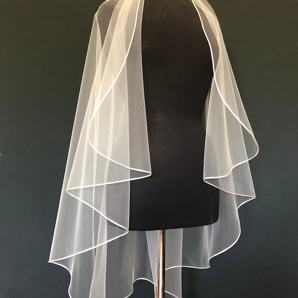 Cascading veil with 1/8" satin cord trim, fingertip veil, waltz veil, bridal veil. Style #154 (A-1)