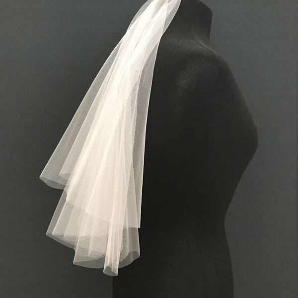 Elbow length veil with blusher, raw edge veil, drop veil with no gathers at comb