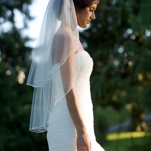 Fingertip veil with blusher, double-tier 1/8" soutache braid trim, Swarovski pearls & crystals along trim, Bridal veil, bridal accessories.