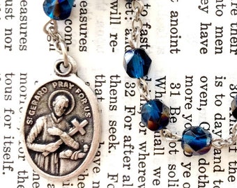 St. Gerard Chaplet - Patron of Mothers, Blue Czech Glass Beads, Catholic Saint Chaplet