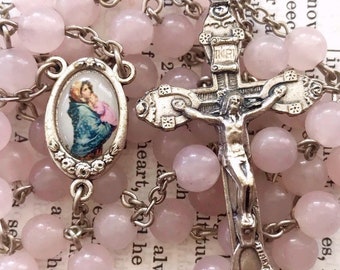 Madonna of the Streets Rosary - Catholic Rosary, Rose Quartz Beads, Light Pink