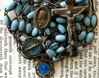 Vintage Sacred Heart of Jesus Rosary - Catholic, Blue Early Plastic Beads with Enamel Medal, HvM