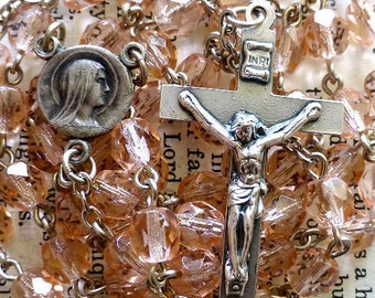 Marian Catholic Rosary - Our Lady, Scapular, Light Pink Czech Glass Beads