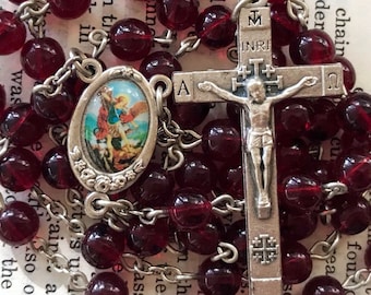 St. Michael the Archangel Rosary - Catholic Rosary, Red Czech Glass Beads