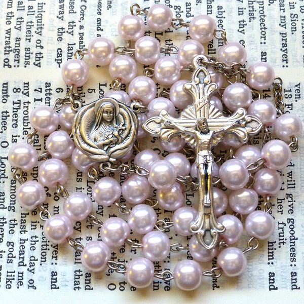 St. Therese Rosary - Saint Rosary, Little Flower, Catholic, Light Pink Glass Pearls, Large