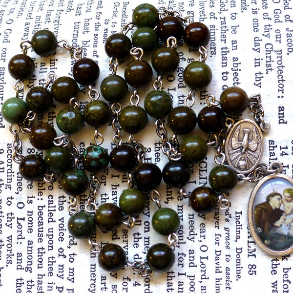 St. Anthony Chaplet - Saint Chaplet, Catholic, Brown Green and Blue Magnesite Gemstone Beads