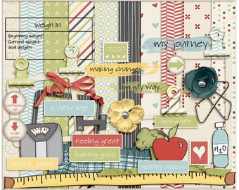 Digital Scrapbooking Page Kit for diet, weight loss, exercise - New You Digital Kit - INSTANT DOWNLOAD