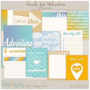 Tarjetas imprimibles de Project Life para viajes, aventuras y vacaciones con diseño de álbumes de recortes digitales - Tarjetas de diario Ready For Adventure - DESCARGA INMEDIATA