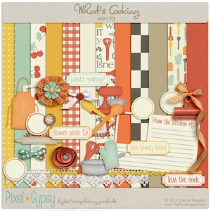 What's Cooking Digital Mini - Mini Kit de Scrapbooking Digital para cozinhar, receitas, na cozinha, comida DOWNLOAD INSTANTÂNEO