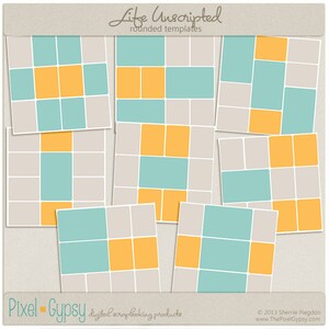 May include: A collection of digital scrapbook templates with rounded corners. Each template features a grid-like design with squares and rectangles in shades of beige, teal, and yellow. The text "Life Unscripted" and "Pixel Gypsy" are visible.