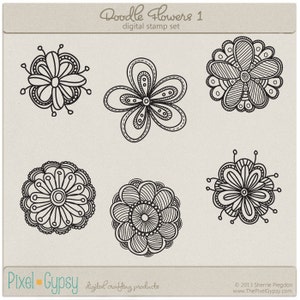 Doodle Flowers 1 Digital Stamps - Digital doodled flower stamps for scrapbooking, cards, journaling INSTANT DOWNLOAD