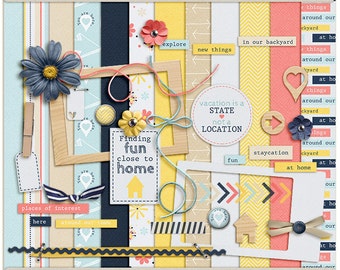 Digital Scrapbooking Mini Kit for summer, staycation, everyday adventure - Staycation - INSTANT DOWNLOAD