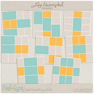 May include: Nine different scrapbook layouts with a grid pattern. The layouts are in shades of gray, teal, and yellow.