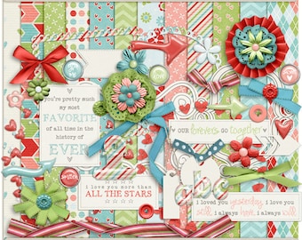 Digital Scrapbooking Page Kit for love, Valentine's Day, sweethearts - Smitten Digital Kit - INSTANT DOWNLOAD