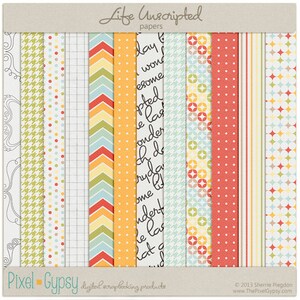 May include: A set of 10 digital scrapbook papers with various patterns and designs. The papers feature a variety of colors, including yellow, green, blue, red, and white. The papers are titled "Life Unscripted" and are designed by Pixel Gypsy.