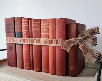 Red books.  Vintage red books. 9 book in this collection. Old red. Christmas books. Valentines decor. Books by the foot.
