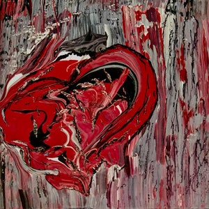 May include: Abstract painting with swirling red, black, and white paint. The red paint is in the shape of a heart.