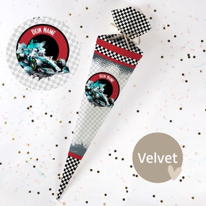 Cono escolar cosido con nombre - tela - ¡completo con cartón en blanco! Coche Rápido - Turquesa/Rojo - Terciopelo - Vel449