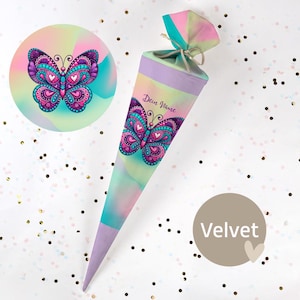 Cornet d'école cousu avec nom - Papillon coloré - Velours - Vel561