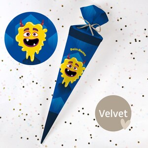 Cono escolar cosido con nombre - tela - ¡completo con cartón en blanco! Monstruo Slime - Terciopelo - Vel428